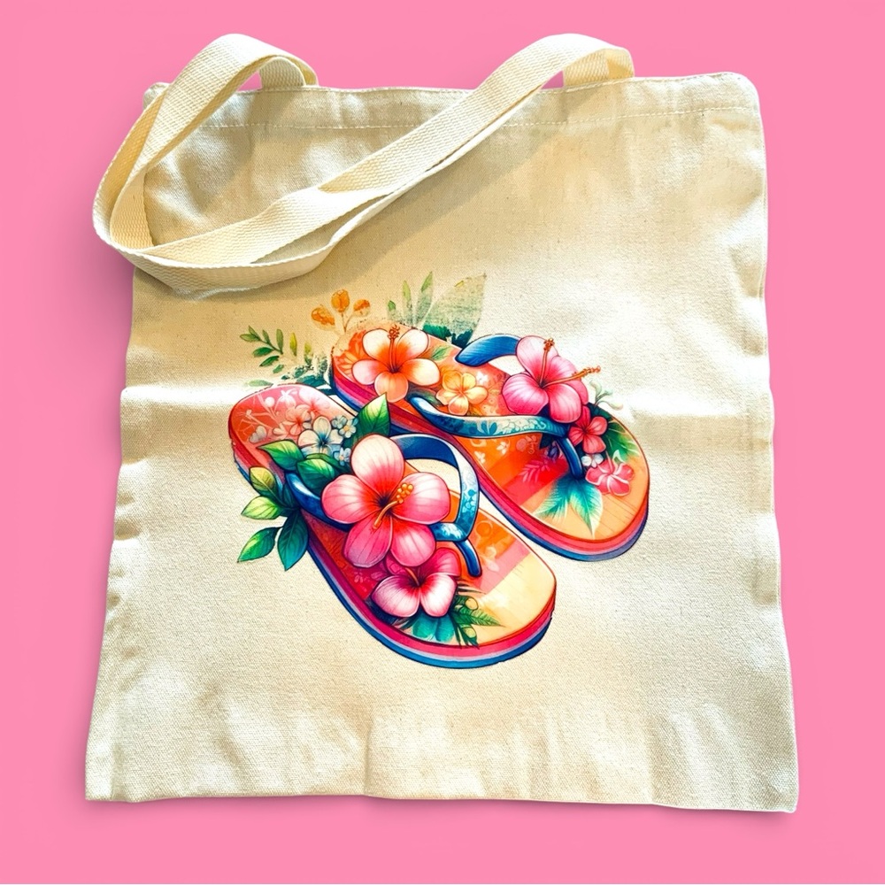 Canvas Tote Bag with Colorful Floral Flip-Flop Print - Cream Handmade